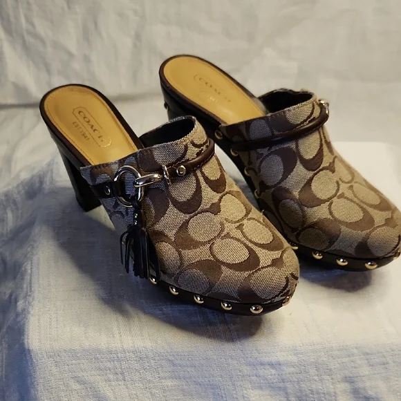 Coach Brown Mules with Signature Monogram and Chunky Heel - Picture 1 of 8